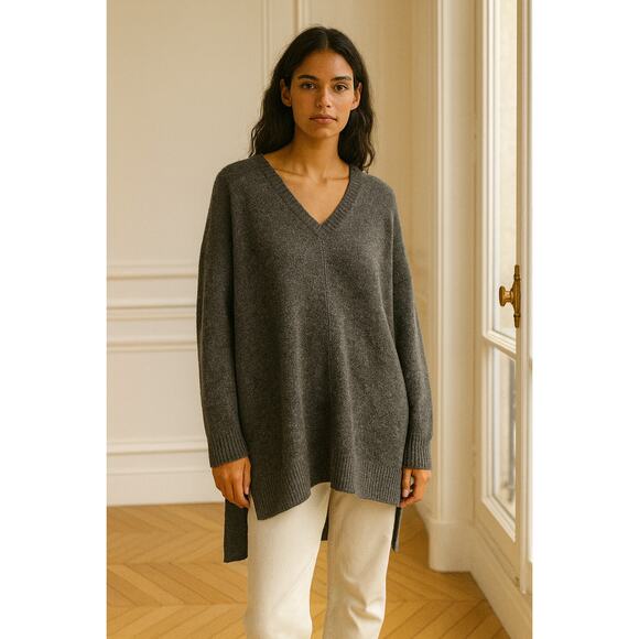 Eileen Fisher L Gray Cashmere V neck Tunic Sweater - Picture 1 of 5